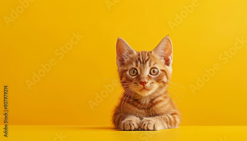 A kitten is sitting on a yellow background photo