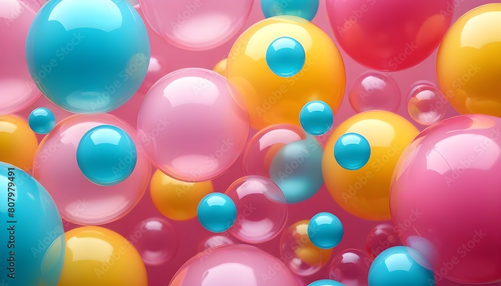 Colorful abstract background with various sized bubbles or spheres in shades of (pink, yellow, blue, turquoise