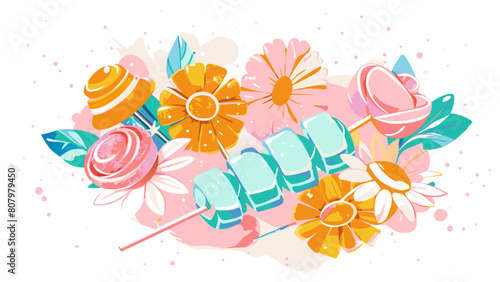 Vibrant Summer Abstract with Colorful Flowers and Sweet Lollipops