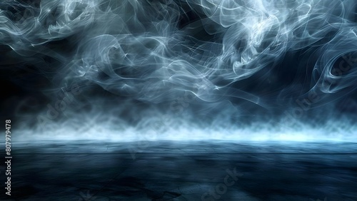Obscure Atmosphere in a Dark Room with Concrete Floor and Swirling White Mist. Concept Dark Room, Concrete Floor, Swirling Mist, Obscure Atmosphere, Mysterious Setting