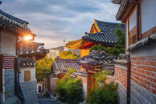 Bukchon Hanok Village Is the name traditional cultural village in downtown Seoul in the morning, with beautiful shining light, South Korea.