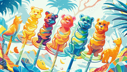 Vibrant Jungle Parade: Colorful Gummy Bears Among Tropical Foliage