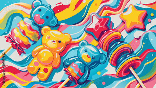 Colorful Cartoon Teddy Bears and Candy Illustration
