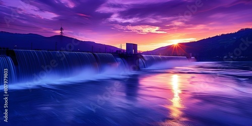 Harnessing the Beauty of a Sunset at a Hydroelectric Plant Generating Clean Renewable Energy. Concept Sunset Photography  Renewable Energy  Hydroelectric Power  Sustainability  Industrial Landscape