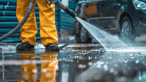 Workers using pressure washer for deep cleaning driveway with copy space professional cleaning service 