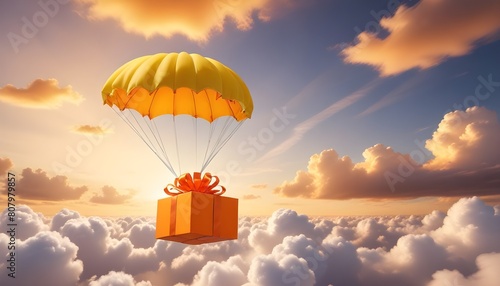 A parachute carrying a gift box floating among white clouds in a blue sky
