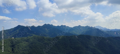 summer view of peak and rock at Sapaesan Mountain, South Korea. hiking. Korean mountain scenery.