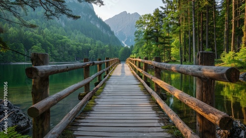 Wooden bridge over lake in the mountains 