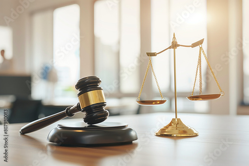 judge gavel, law books and scales of justice on desk in lawyer office