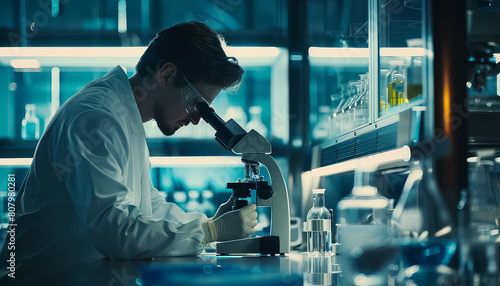 A man is looking through a microscope in a lab