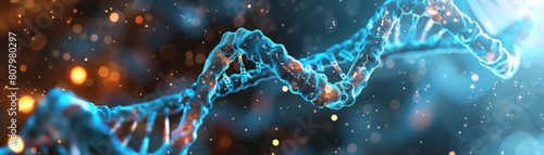 The image shows a glowing blue double helix representing DNA on a dark blue background with yellow and orange light. photo