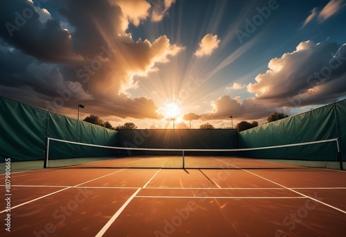 A tennis court at sunset with dramatic clouds and sunlight beaming through