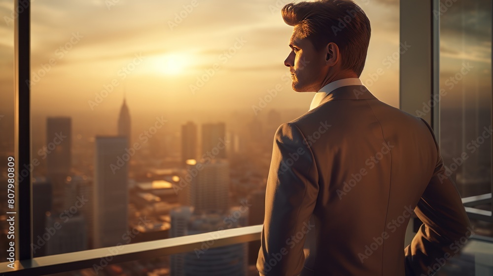  a pensive businessman gazes out over the cityscape 