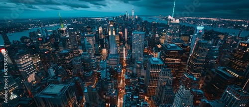 An aerial night view of Manhattan with a variety of landmarks  skyscrapers  and residential buildings.