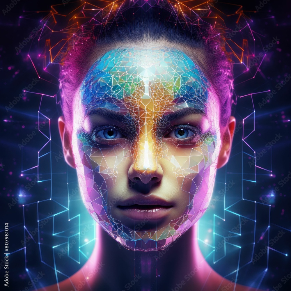Portrait of a woman with intricate glowing lines covering her face, creating a futuristic and mesmerizing look Portrait of a woman with intricate glowing lines covering her face, creating a futuristic and mesmerizing look