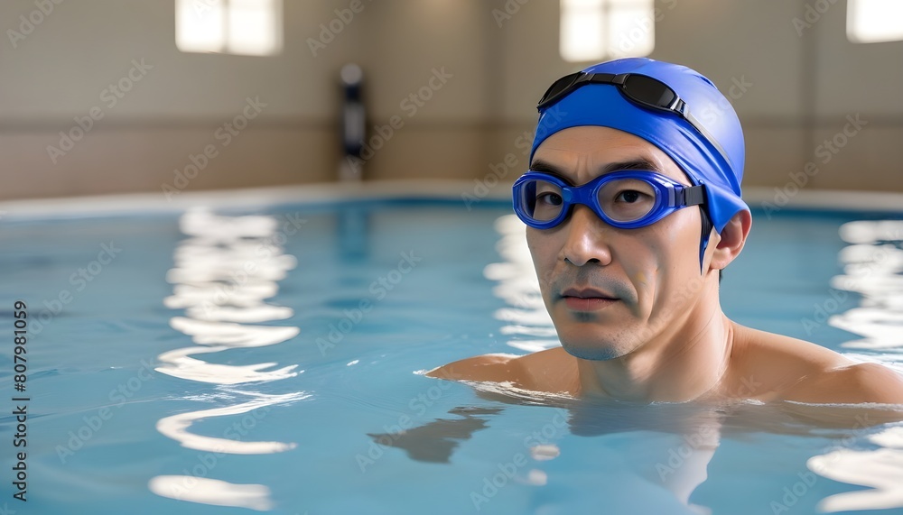 A man with short wearing swimming goggles and a swim cap in a swimming pool