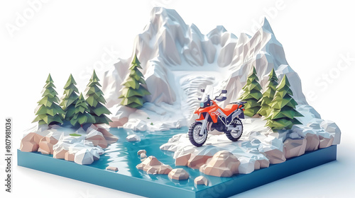 3D Flat Icon: Motorbike Across Canadian Rockies - A Thrilling Journey through Towering Peaks and Alpine Lakes in Isometric Scene