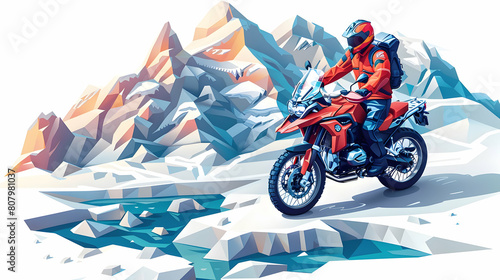 Isometric 3D Flat Icon: Motorbike Journey through Canadian Rockies with Towering Peaks and Alpine Lakes