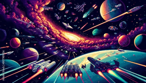 Vibrant Pixel Art of Space Battle with Starships 