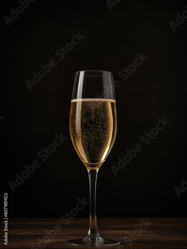 realistic glass goblet with sparkling white wine on a wooden table on a dark background
