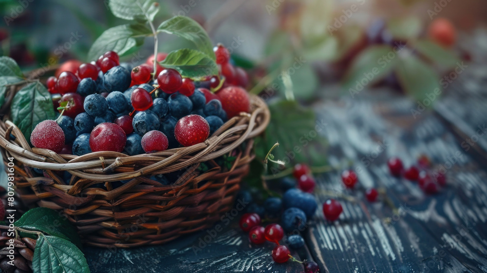 Small sour berries are in a basket on the table. Small sour berries are in a basket on the table.