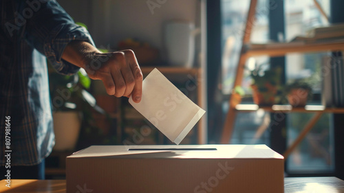 hand dropping a ballot into the ballot box. photo
