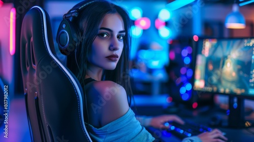 Female Gamer in Neon Lit Room © Kazak