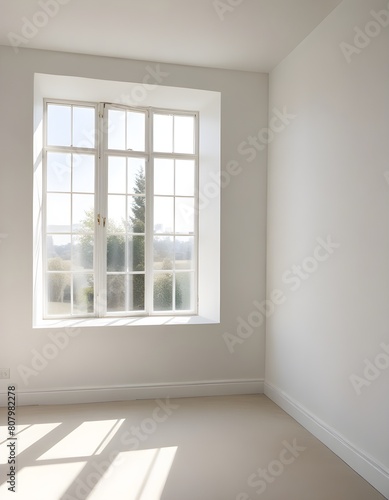 A bright, airy room with a large window letting in natural light, casting shadows on the plain white walls