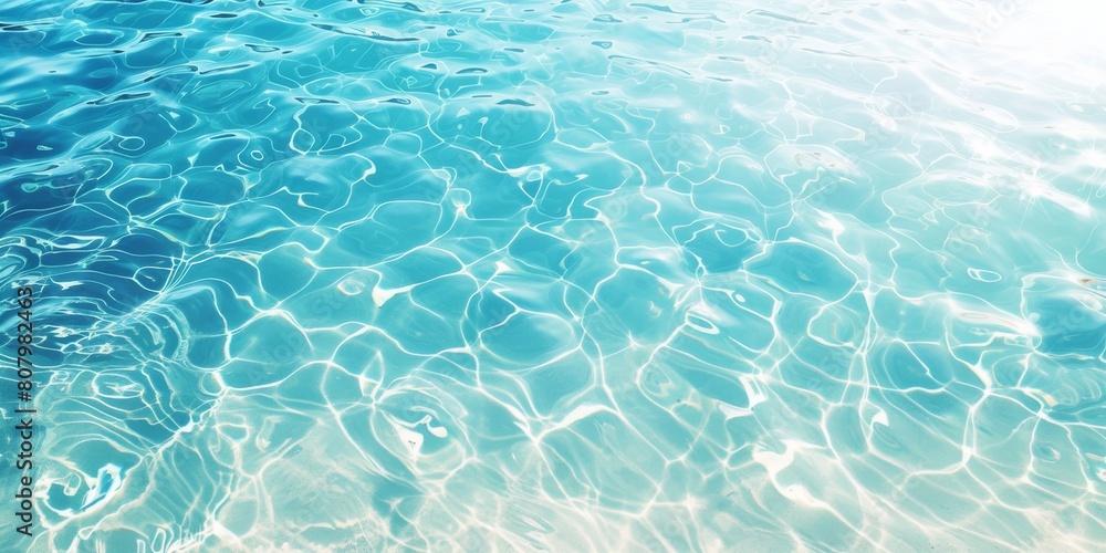  transparent water in a swimming pool, with a clear blue sea background showing ripples and reflections., sunlight shining on the surface of clean turquoise water.minimalist summer abstract 
