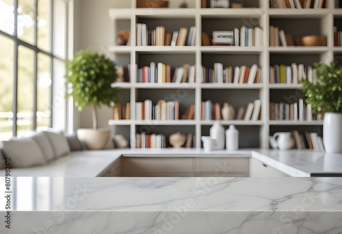A white marble countertop or table in the foreground, with a blurred bookshelf and living room area in the background