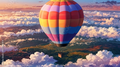 Colorful hot air balloon flying over the clouds. 
