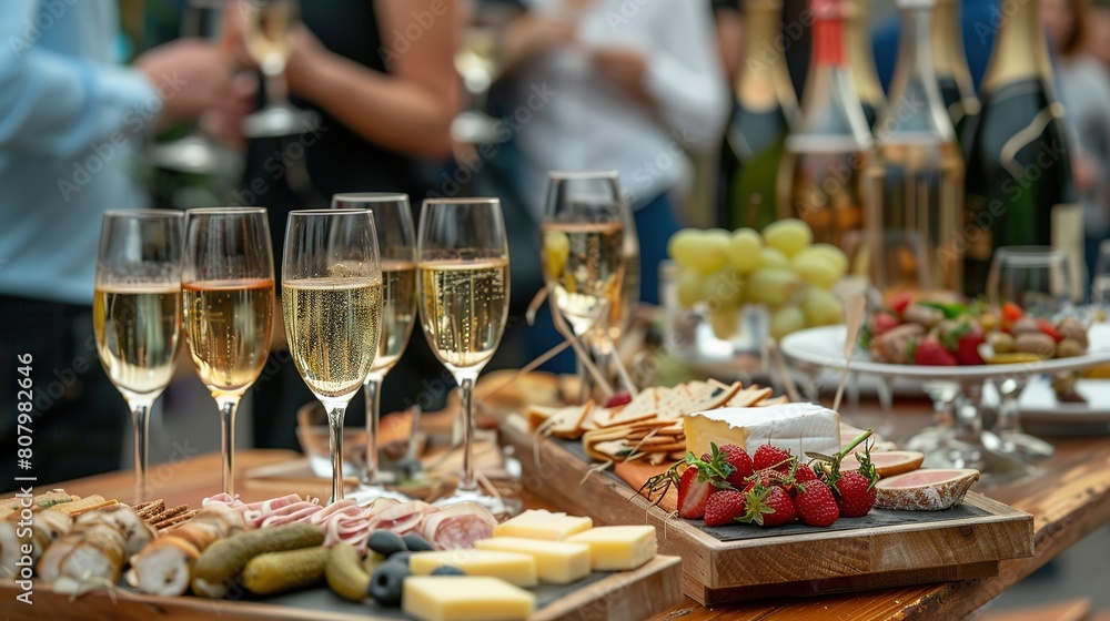 Buffet at reception Wine and champagne glasses Various types of canapan on a wooden board Catering service Snacks include cheese, jamon, sausage and fruit. People socializing in the background.