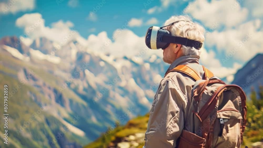 A senior man with a backpack uses a virtual reality headset against the backdrop of mountainous terrain on a clear day. A senior man with a backpack uses a virtual reality headset against the backdrop of mountainous terrain on a clear day.