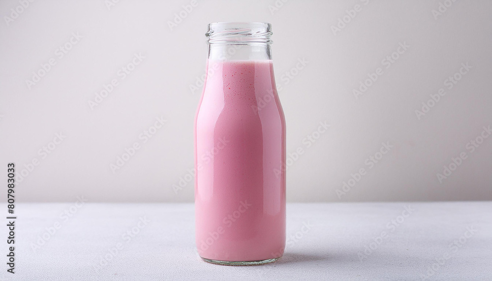 Refreshing pink smoothie in glass bottle on table. Healthy and tasty drink. Delicious beverage. Refreshing pink smoothie in glass bottle on table. Healthy and tasty drink. Delicious beverage.