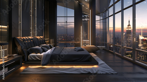 A modern, dark-themed penthouse bedroom with an architectural glass wall offering a panoramic view of the cityâ€™s nocturnal beauty. The space is defined by its minimalist elegance