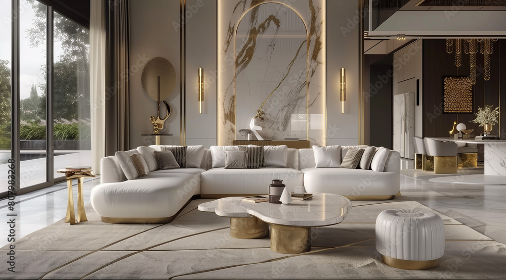 The simplicity and minimalism of this living room are complemented by luxurious elements, such as marble tables and gold accents, which add elegance and modern chic to the interior.