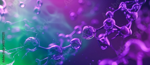 Vibrant molecular structures illuminated by purple and green lights. Spherical atoms connected by lines create intricate bonds. Dynamic and educational.