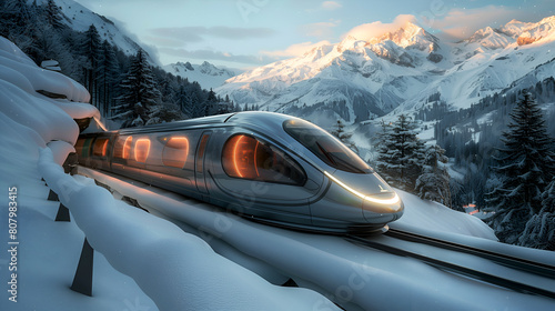 High-speed train traveling through a snowy forest at sunset. Modern train cruising through a snowy landscape with alpine glow. Sleek passenger train amidst snowy mountains during twilight