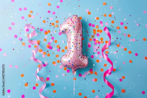 pink number one balloon on a blue background with pink confetti and ribbons