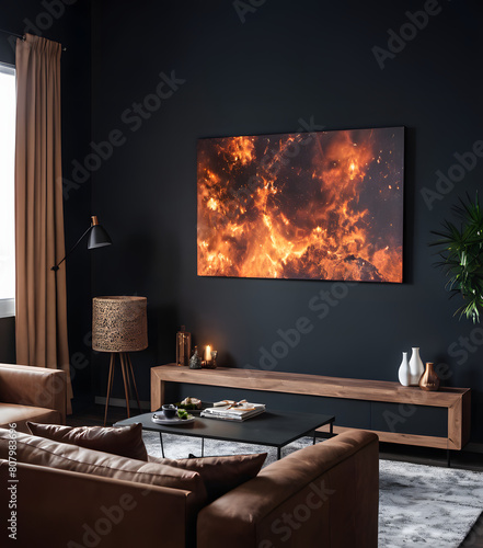 Modern cozy interior of living room with poster canvas on empty black color wall background