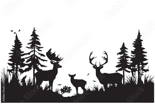 Forest trees silhouettes, deer animal and duck flock, hunting sport. Vector nature landscape or wildlife scene background with pine woods and fallen tree