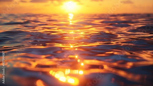 A serene sea at sunset, with the sun's reflection on calm waters, creating an atmosphere of tranquility and serenity. 