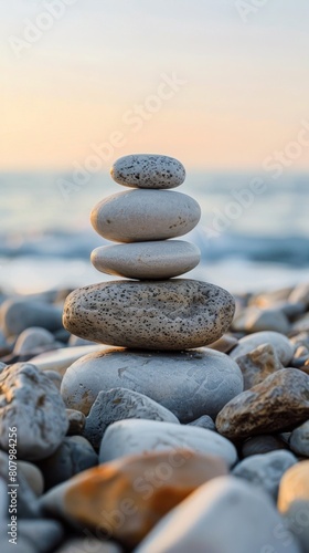 A stack of rocks on a beach with the ocean in background  AI