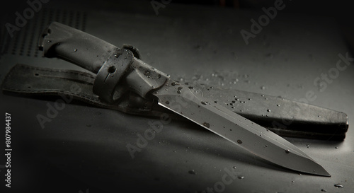.a black travel knife and a leather sheath on a black background. There are drops of water on the surface photo