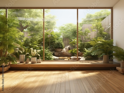 A large window in a room with a view of a garden. The room is empty and has a minimalist design.