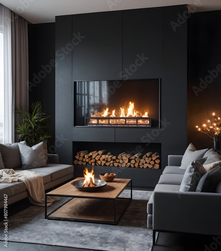 Modern cozy interior of living room with poster canvas on empty black color wall background