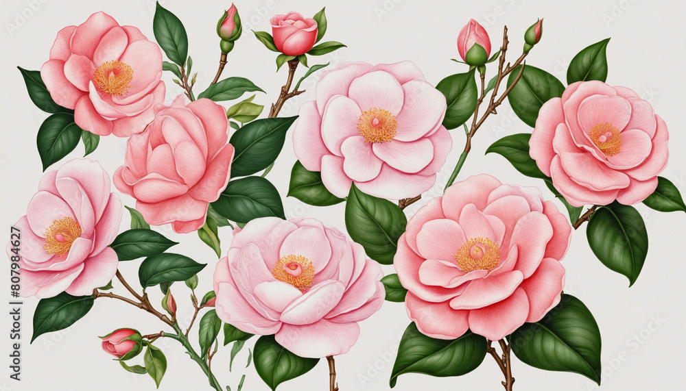 collection of soft pastel camellias flowers isolated on a transparent background, generative ai