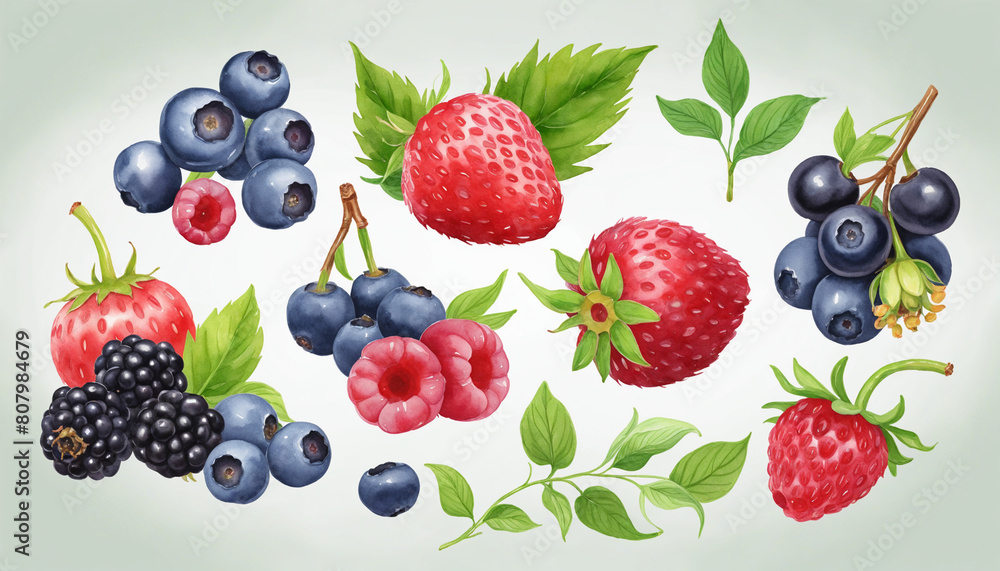 AI-generated collection of botanical elements in soft watercolor, perfect for graphic design layouts, with a selection of isolated berries on a transparent background AI-generated collection of botanical elements in soft watercolor, perfect for graphic design layouts, with a selection of isolated berries on a transparent background