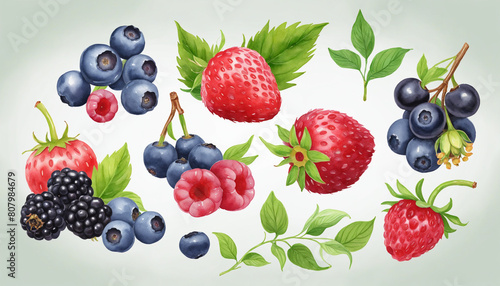 AI-generated collection of botanical elements in soft watercolor  perfect for graphic design layouts  with a selection of isolated berries on a transparent background 