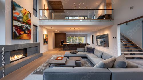 A modern, open-concept living space with a double-height ceiling and a mezzanine level overlooking the area. A large, modular sofa in a soft gray fabric provides ample seating, facing a sleek,  photo
